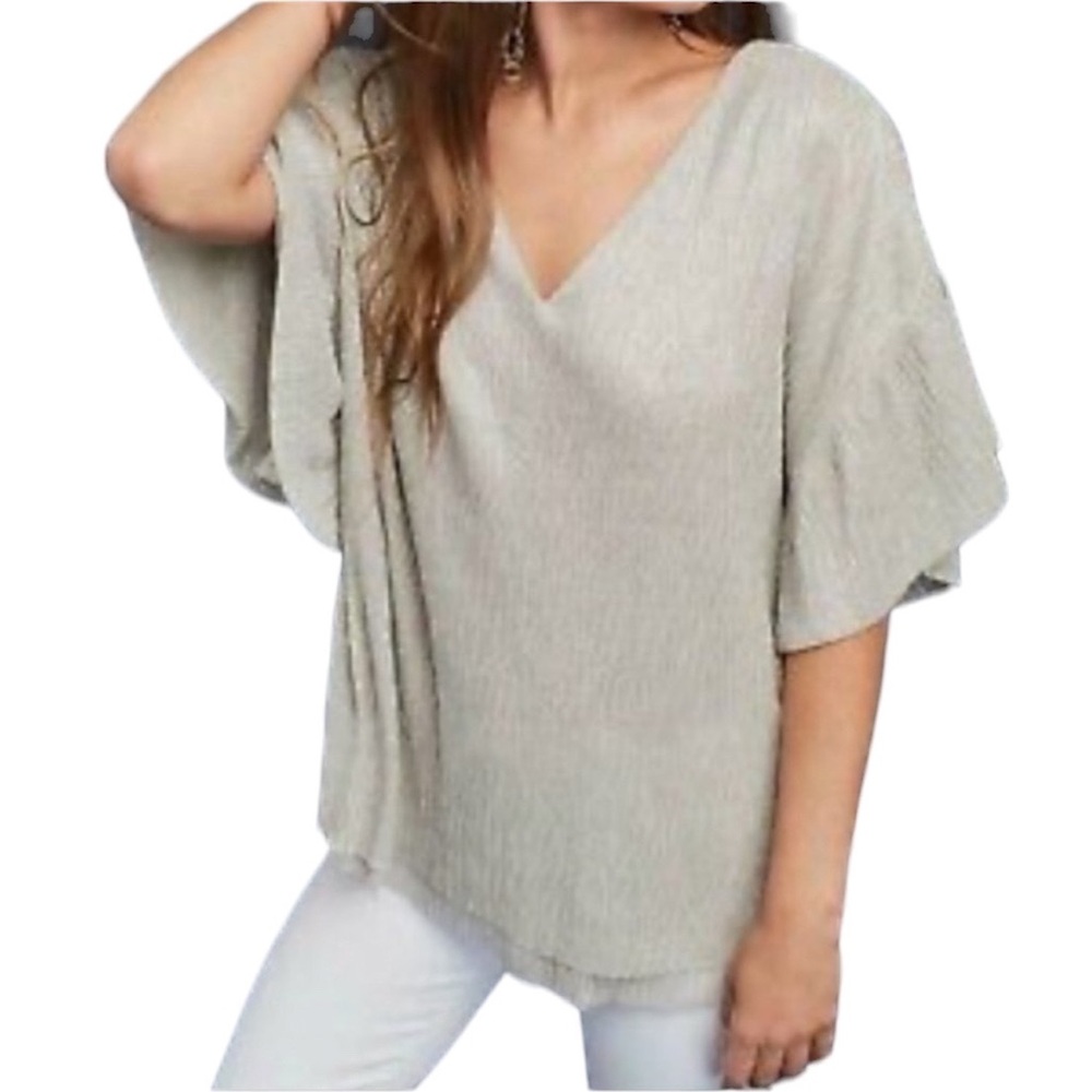 Vanessa+Virginia Blouse Puff Sleeve V Neck Champagne Metallic Womens Size XSmall